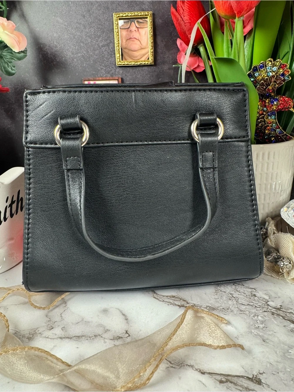 GUESS Small Black Quilted Satchel with Gold Hardware